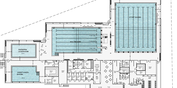 Plantegning af svømmehallen med børnebassin, varmtvandsbassin, multibassin og svømmebassin på 25 m.